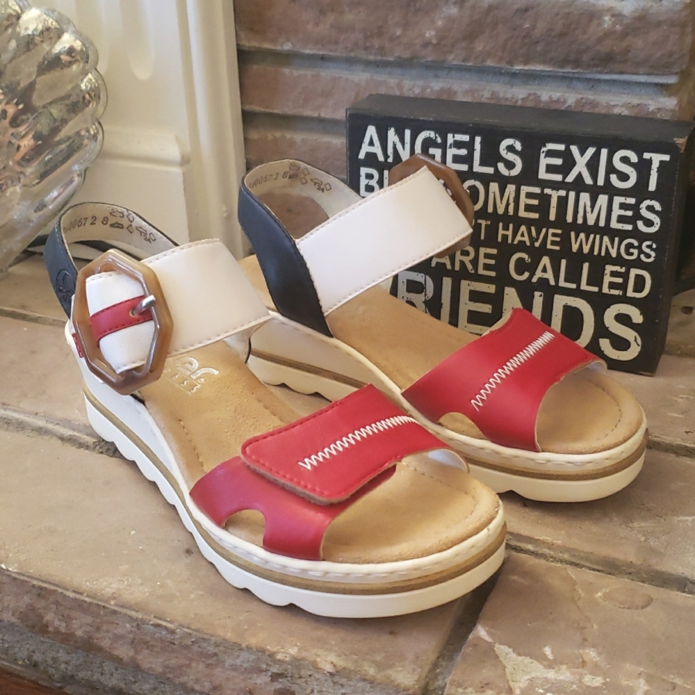 Rieker Anti-Stress Mock Buckle Red Combi Wedge Sandals Size 6/36